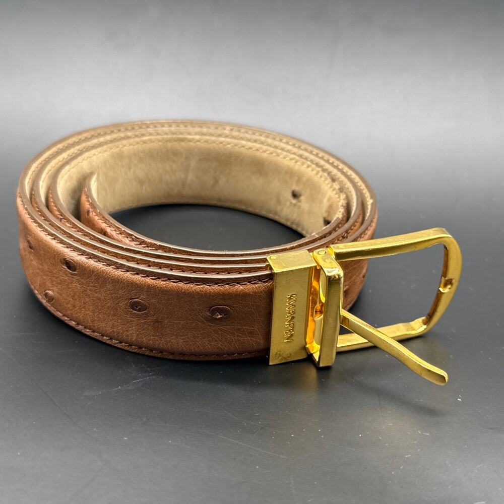 KWANPEN Genuine Ostrich Leather Dress Belt Men's Size [40] Brown Gold Buckle